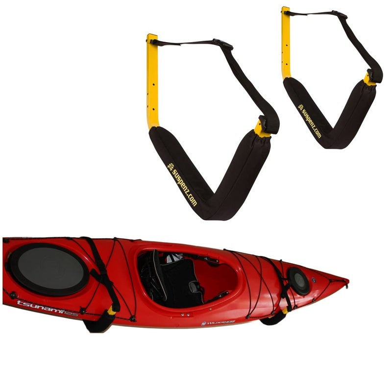 Suspenz EZ Kayak Storage Rack, Indoor & Outdoor Wall Mounts for Kayaks & SUP Paddle Boards, Powder-Coated Steel with Foam Pads & Safety Straps, Holds up to 125 lbs (12-9903) - Image 1